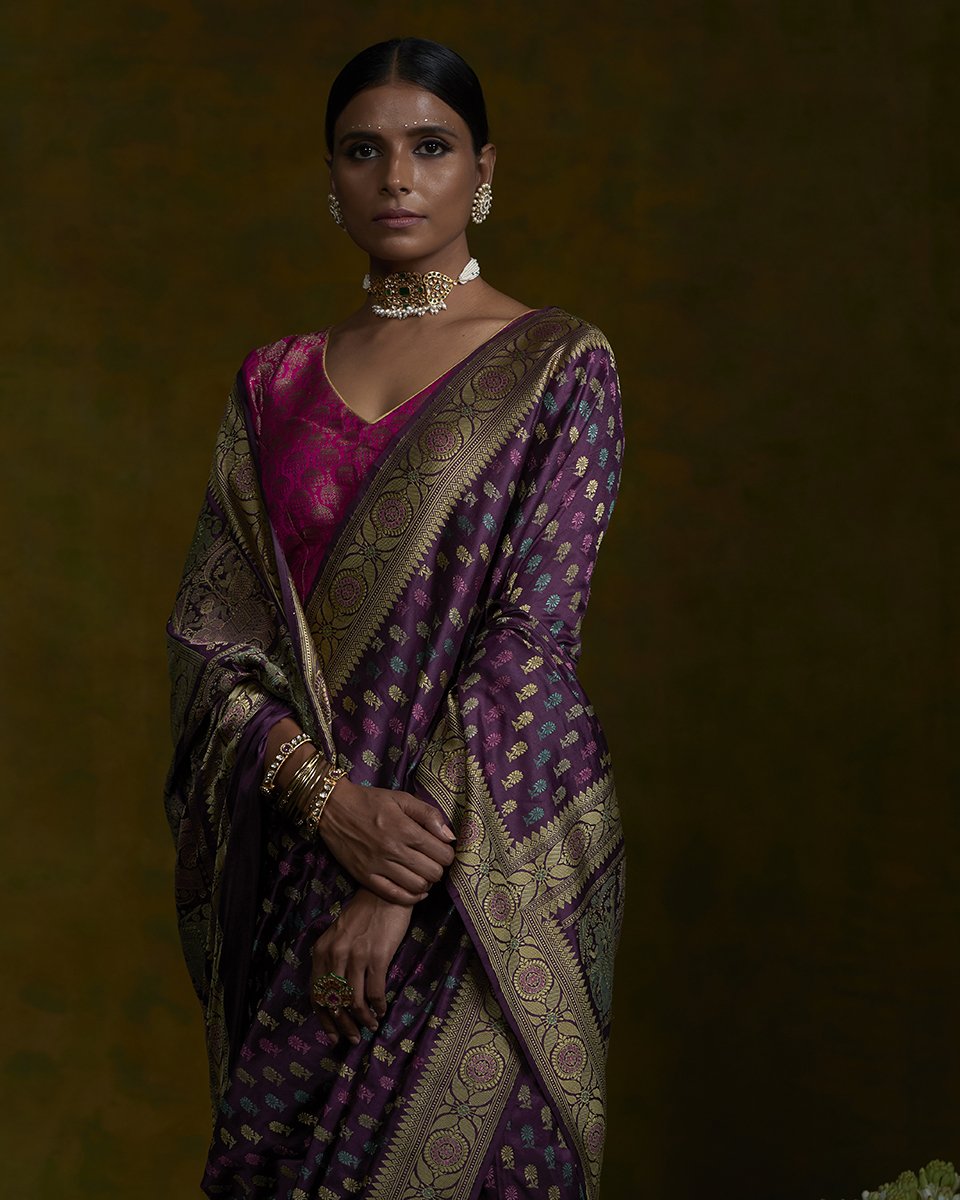 Purple_Handloom_Elephant_Pallu_Baluchari_Saree_with_Floral_Booti_all_Over_WeaverStory_01