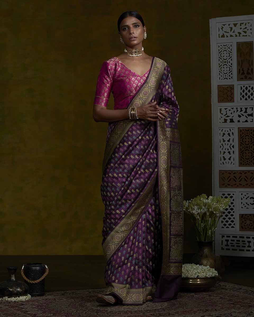 Purple_Handloom_Elephant_Pallu_Baluchari_Saree_with_Floral_Booti_all_Over_WeaverStory_02