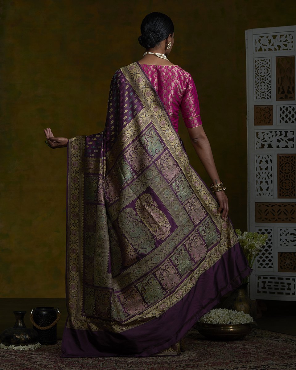 Purple_Handloom_Elephant_Pallu_Baluchari_Saree_with_Floral_Booti_all_Over_WeaverStory_03