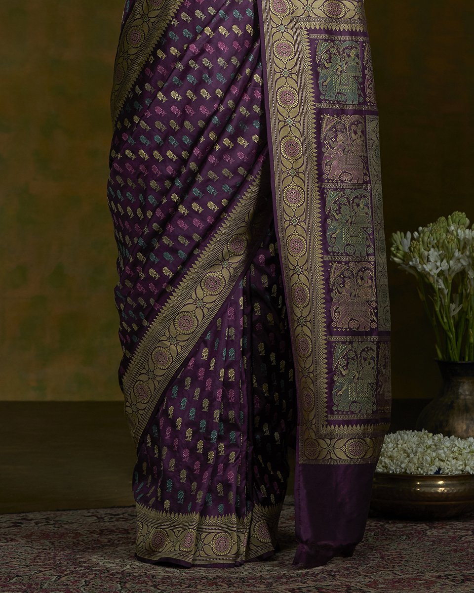 Purple_Handloom_Elephant_Pallu_Baluchari_Saree_with_Floral_Booti_all_Over_WeaverStory_04