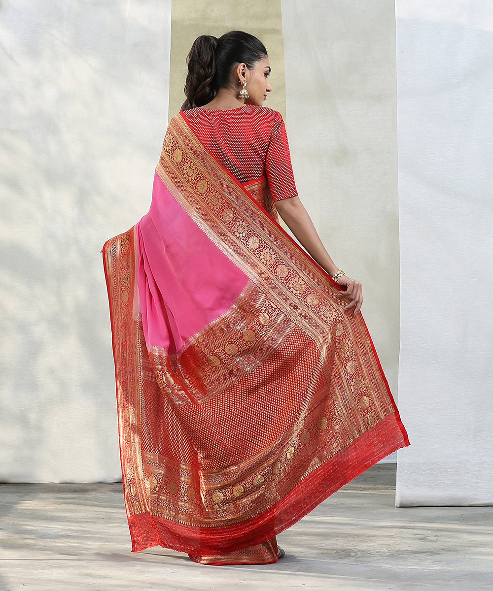 Handloom_Red_and_Pink_Georgette_Banarasi_Saree_With_Kadhwa_Border_WeaverStory_03