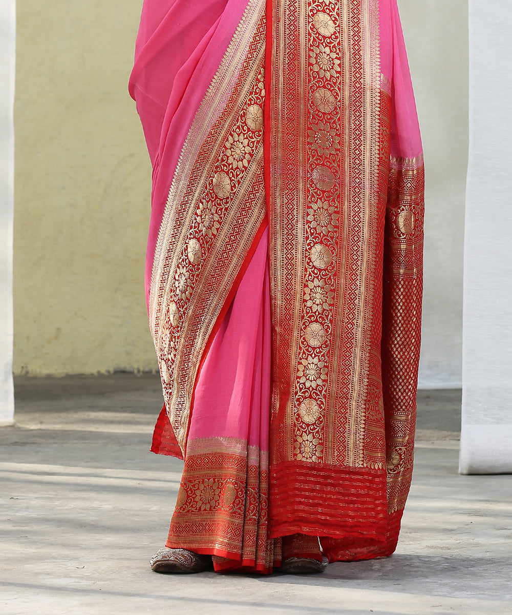 Handloom_Red_and_Pink_Georgette_Banarasi_Saree_With_Kadhwa_Border_WeaverStory_04