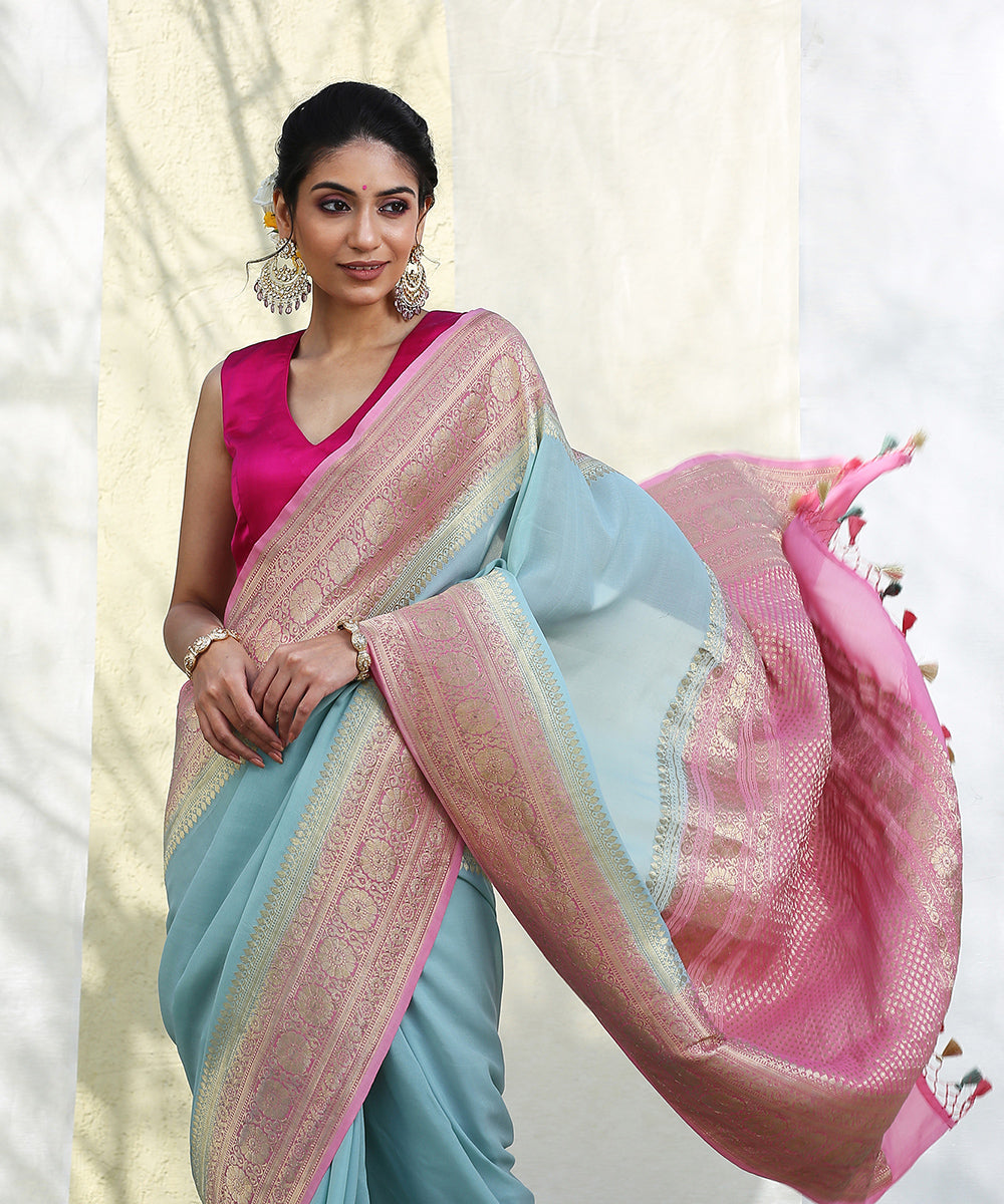 Handloom_Pink_and_Ice_Blue_Georgette_Banarasi_Saree_With_Kadhwa_Border_WeaverStory_01