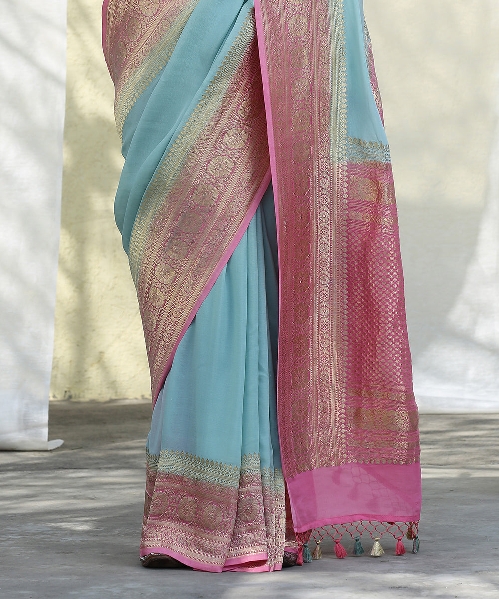 Handloom_Pink_and_Ice_Blue_Georgette_Banarasi_Saree_With_Kadhwa_Border_WeaverStory_04