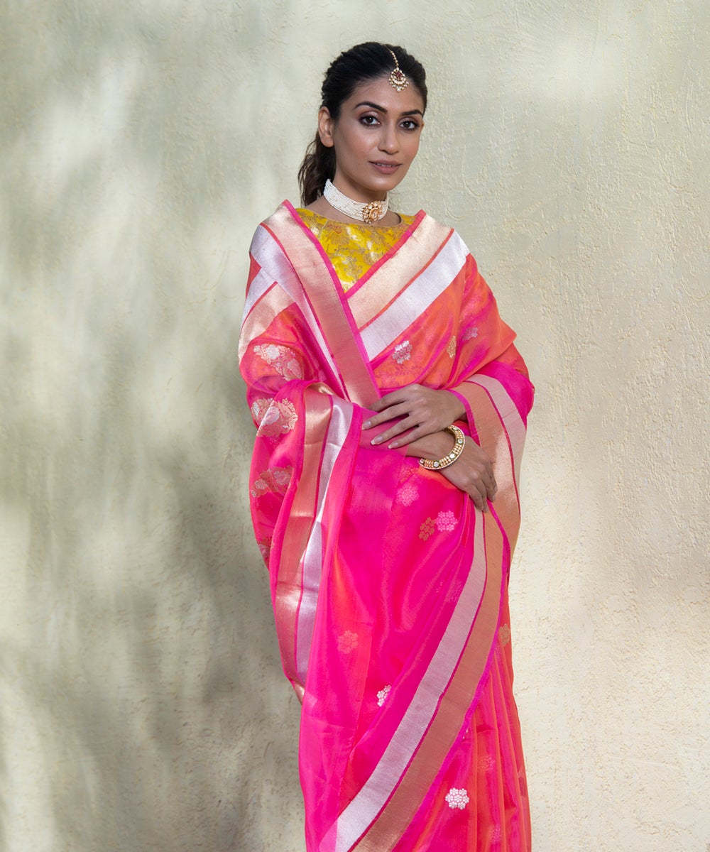 Pink_Handloom_Organza_Banarasi_Saree_with_Floral_Booti_WeaverStory_01