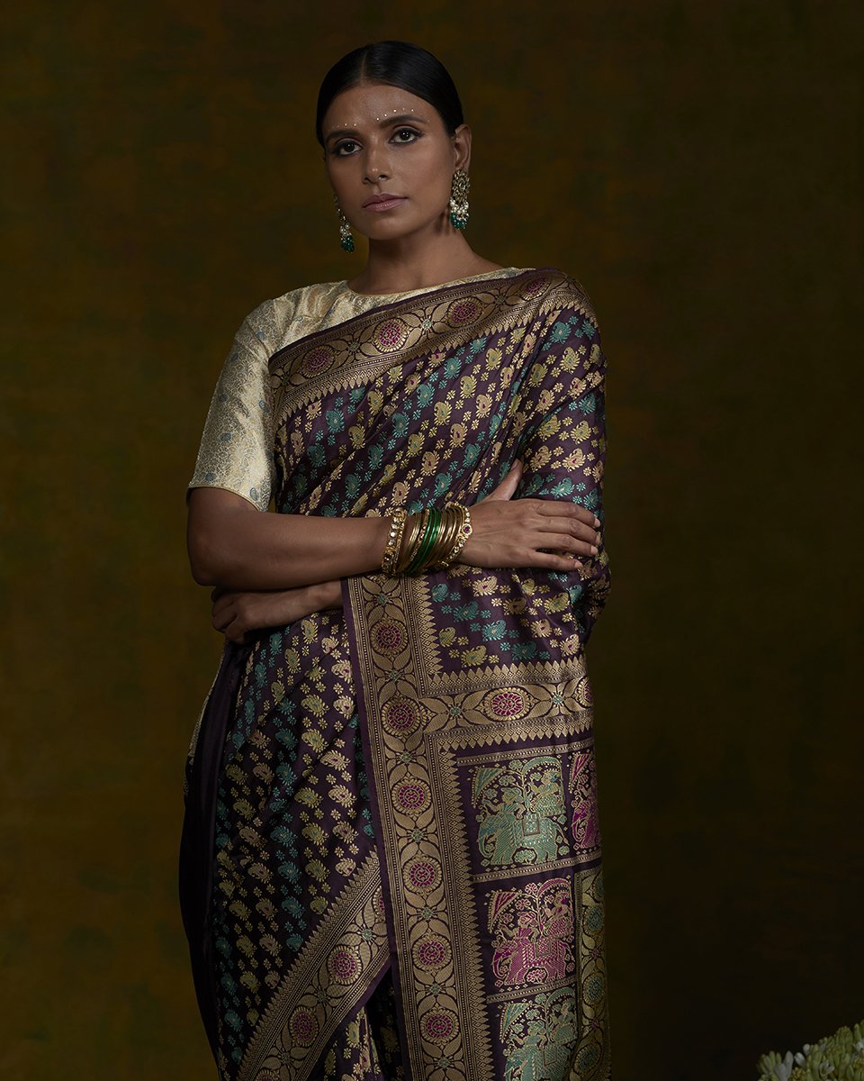 Handloom_Wine_Banarasi_Baluchari_Saree_with_Elephant_Pallu_WeaverStory_01