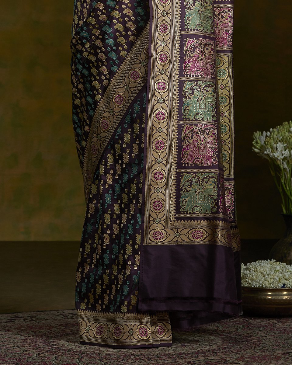 Handloom_Wine_Banarasi_Baluchari_Saree_with_Elephant_Pallu_WeaverStory_04