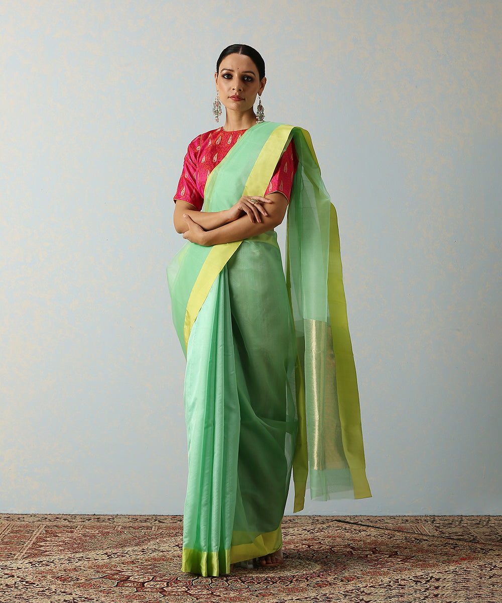 Handloom_Green_Organza_And_Dupion_Silk_Chanderi_Saree_With_Yellow_Border_WeaverStory_02