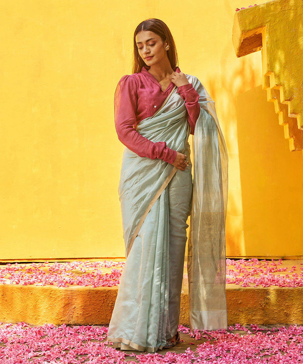 Blue_Handloom_Pure_Silk_Chanderi_Saree_With_Checks_WeaverStory_02