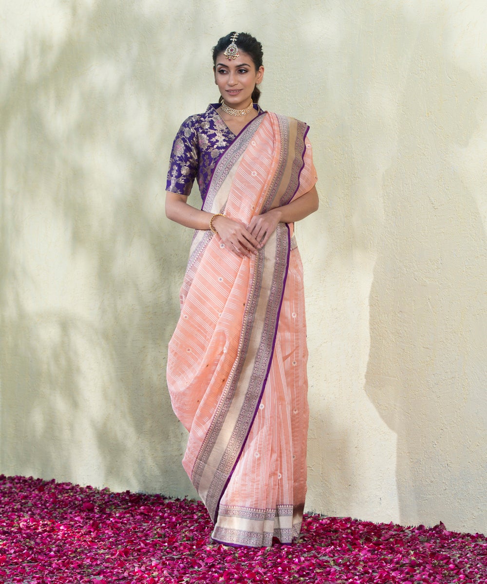 Peach_Handloom_Kora_Silk_Banarasi_Saree_With_Purple_Border_WeaverStory_02