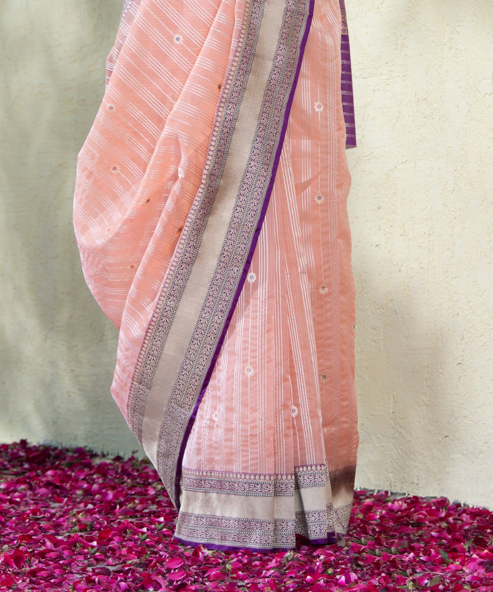 Peach_Handloom_Kora_Silk_Banarasi_Saree_With_Purple_Border_WeaverStory_04