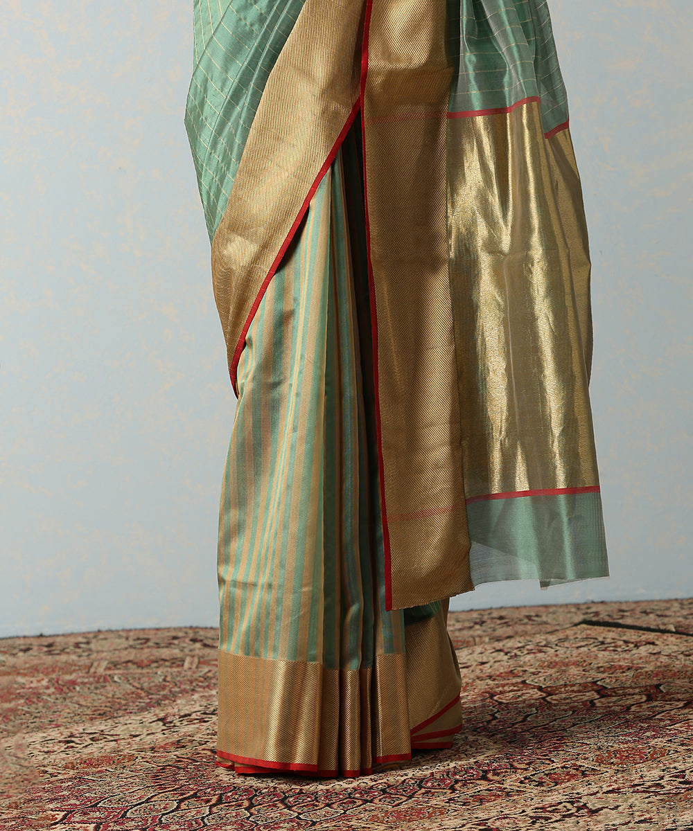 Handloom_Green_Striped_Silk_Chanderi_Saree_With_Gold_Border_WeaverStory_04