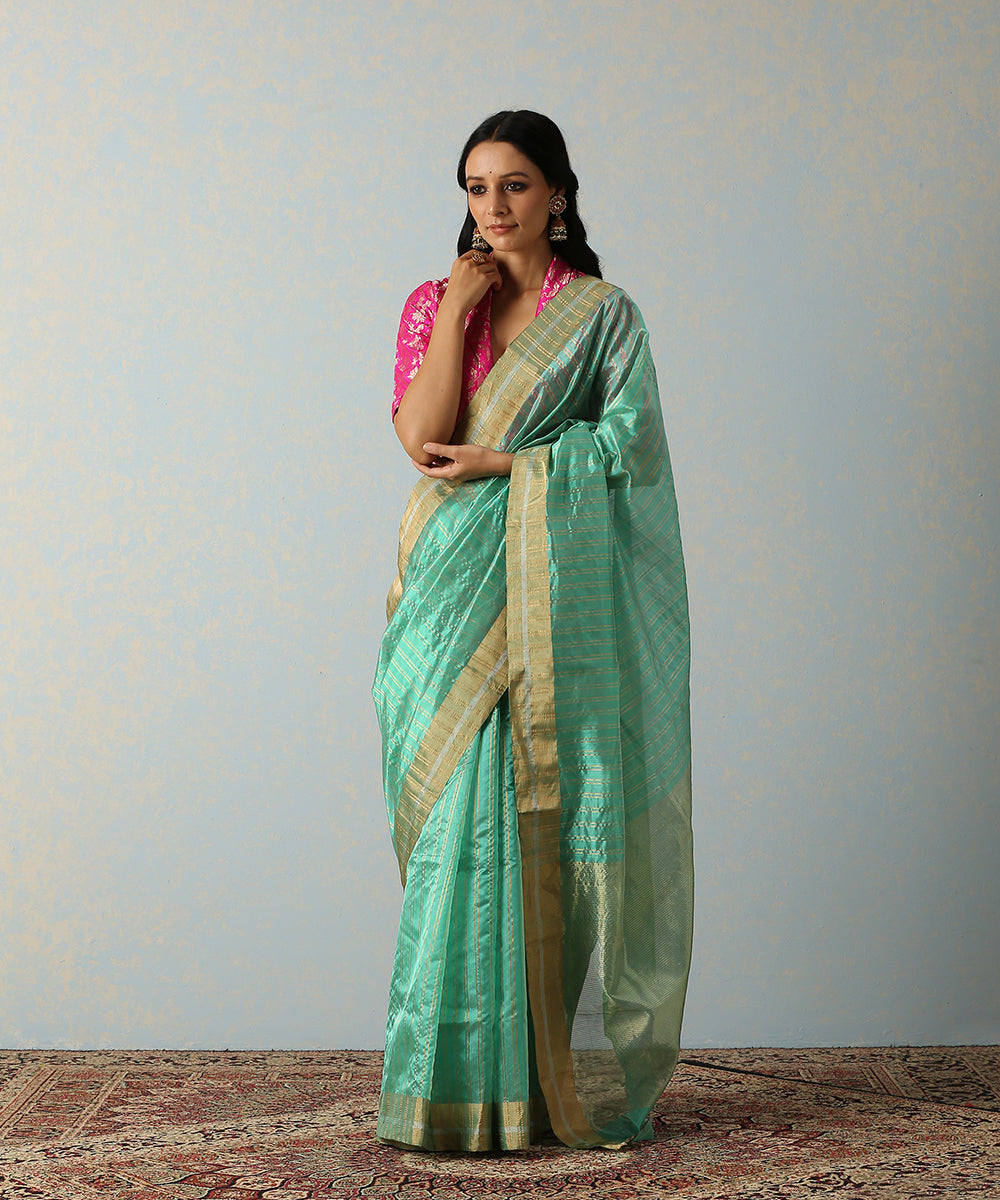 Green_Handloom_Striped_Chanderi_Silk_Saree_With_Eknaliya_Weave_WeaverStory_02