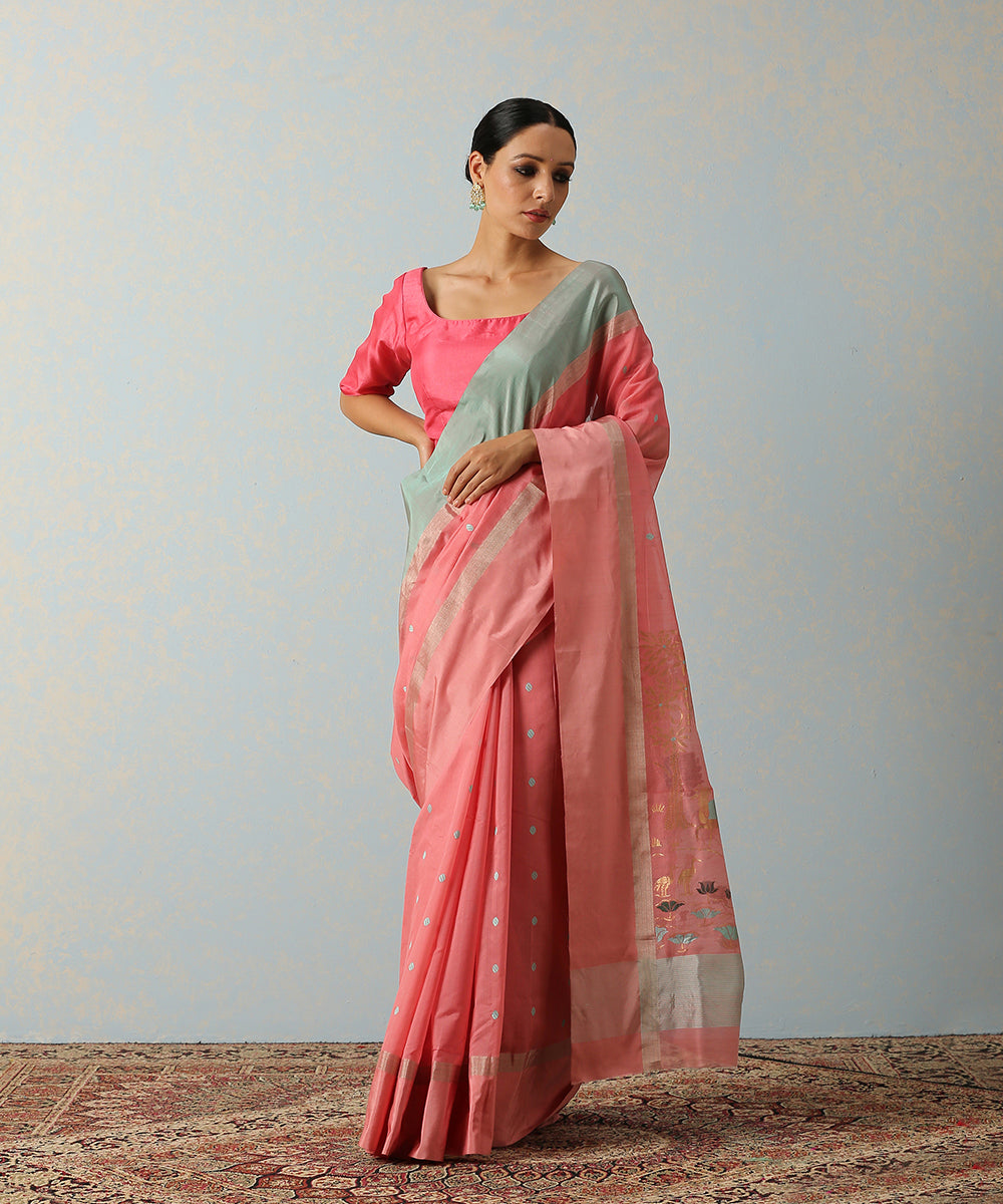 Pink_Handloom_Vrindavan_Cotton_Chanderi_Saree_With_Blue_Booti_WeaverStory_02