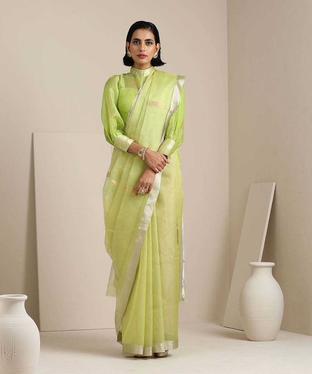 Handloom_Green_Organza_Chanderi_Saree_With_Eknaliya_Leaf_Booti_WeaverStory_02