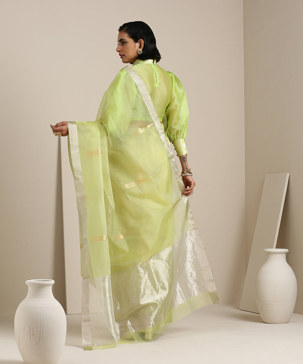 Handloom_Green_Organza_Chanderi_Saree_With_Eknaliya_Leaf_Booti_WeaverStory_03