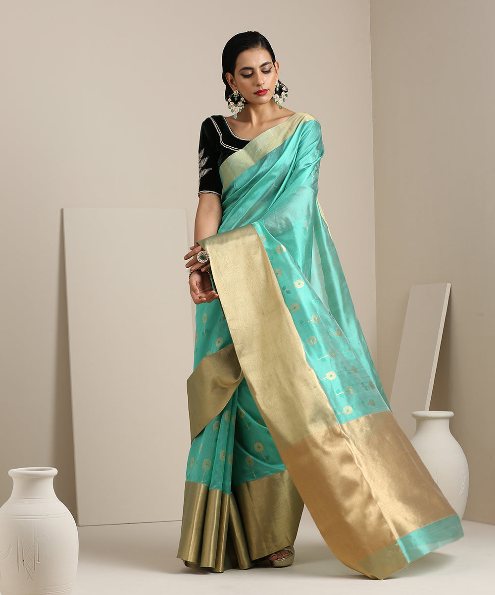 Green_Handloom_Broad_Zari_Border_Silk_Chanderi_Saree_With_Floral_Booti_WeaverStory_02