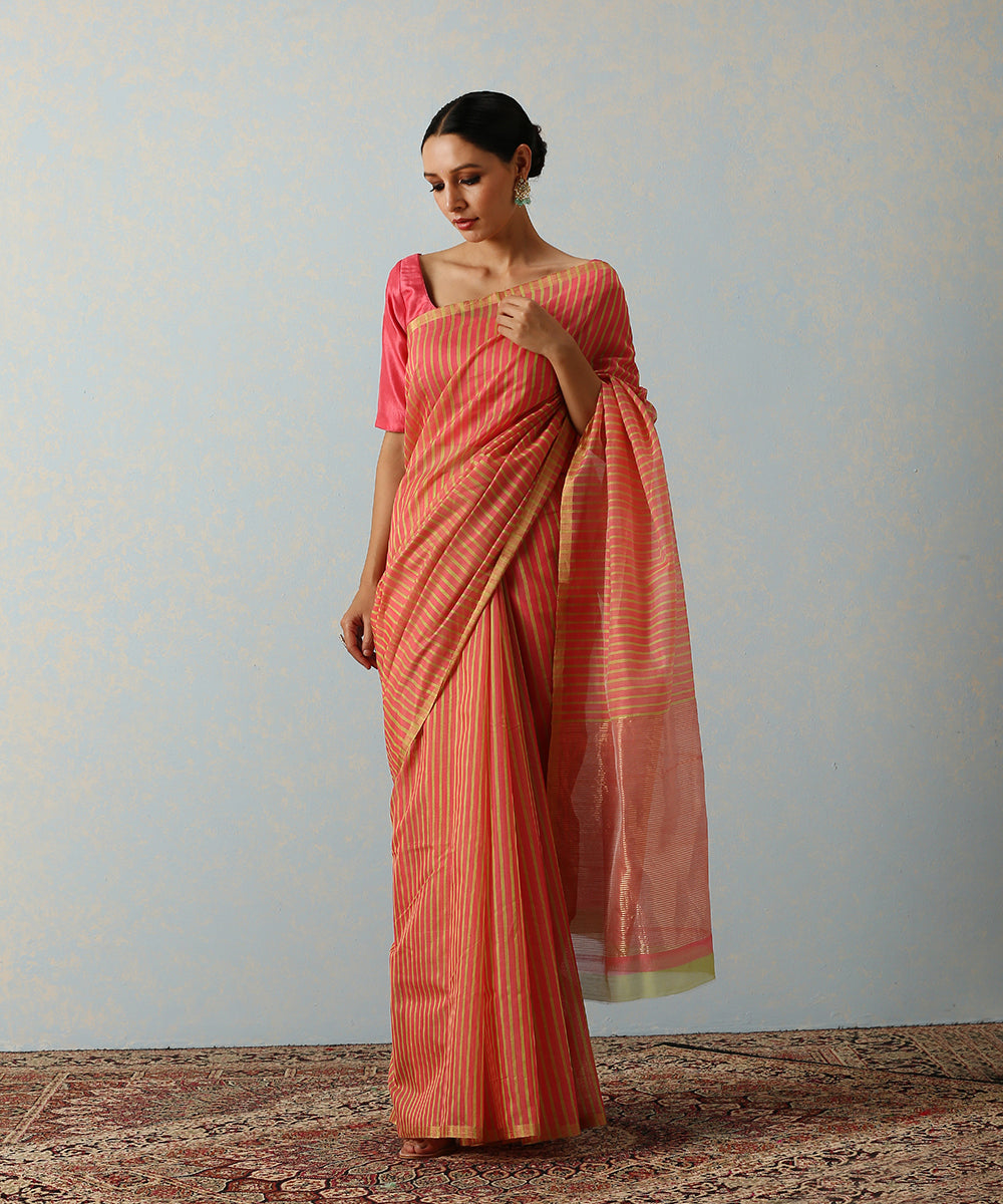 Neon_Pink_Handloom_Chanderi_Cotton_Silk_Striped_Saree_WeaverStory_02