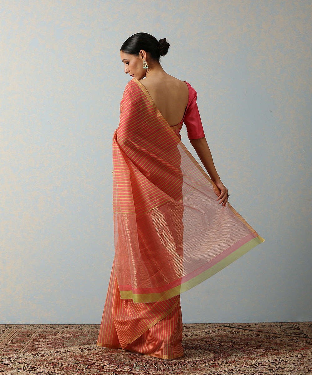 Neon_Pink_Handloom_Chanderi_Cotton_Silk_Striped_Saree_WeaverStory_03
