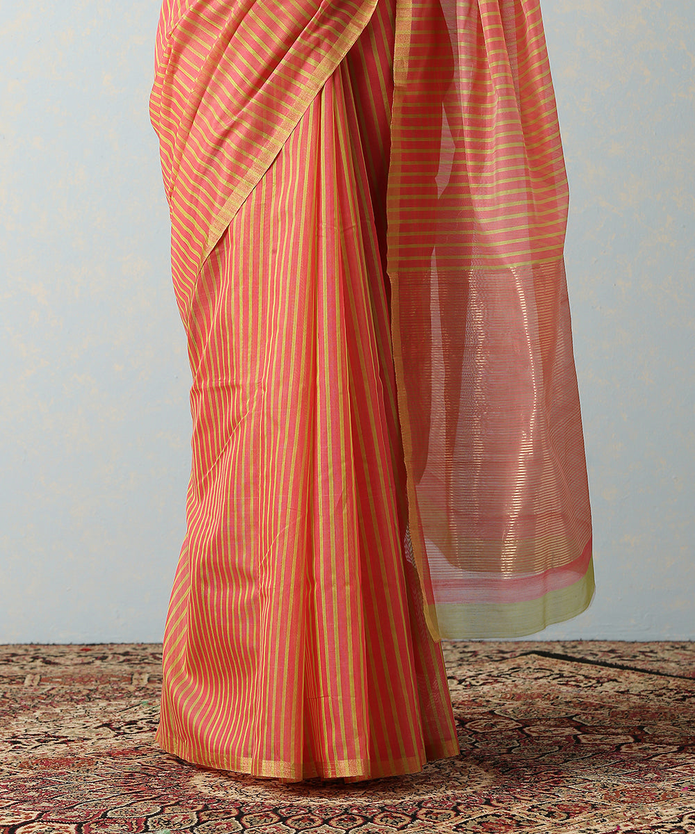 Neon_Pink_Handloom_Chanderi_Cotton_Silk_Striped_Saree_WeaverStory_04