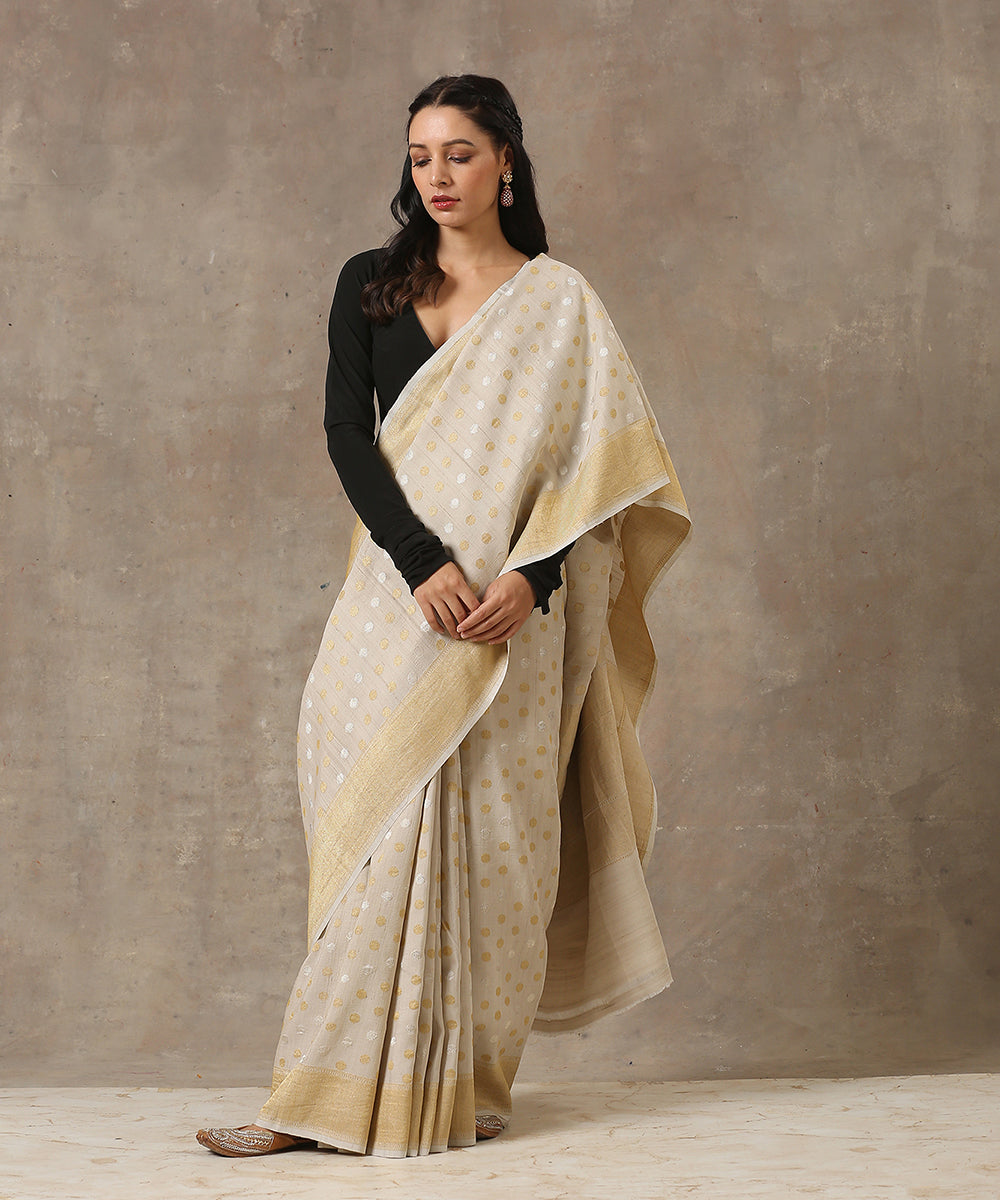 Beige_Handloom_Tussar_Georgette_Banarasi_Saree_with_Zari_Booti_WeaverStory_02