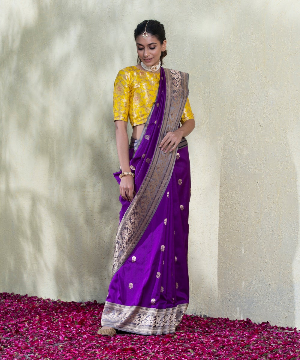 Handloom_Purple_Banarasi_Saree_With_Grey_Satin_Border_WeaverStory_02