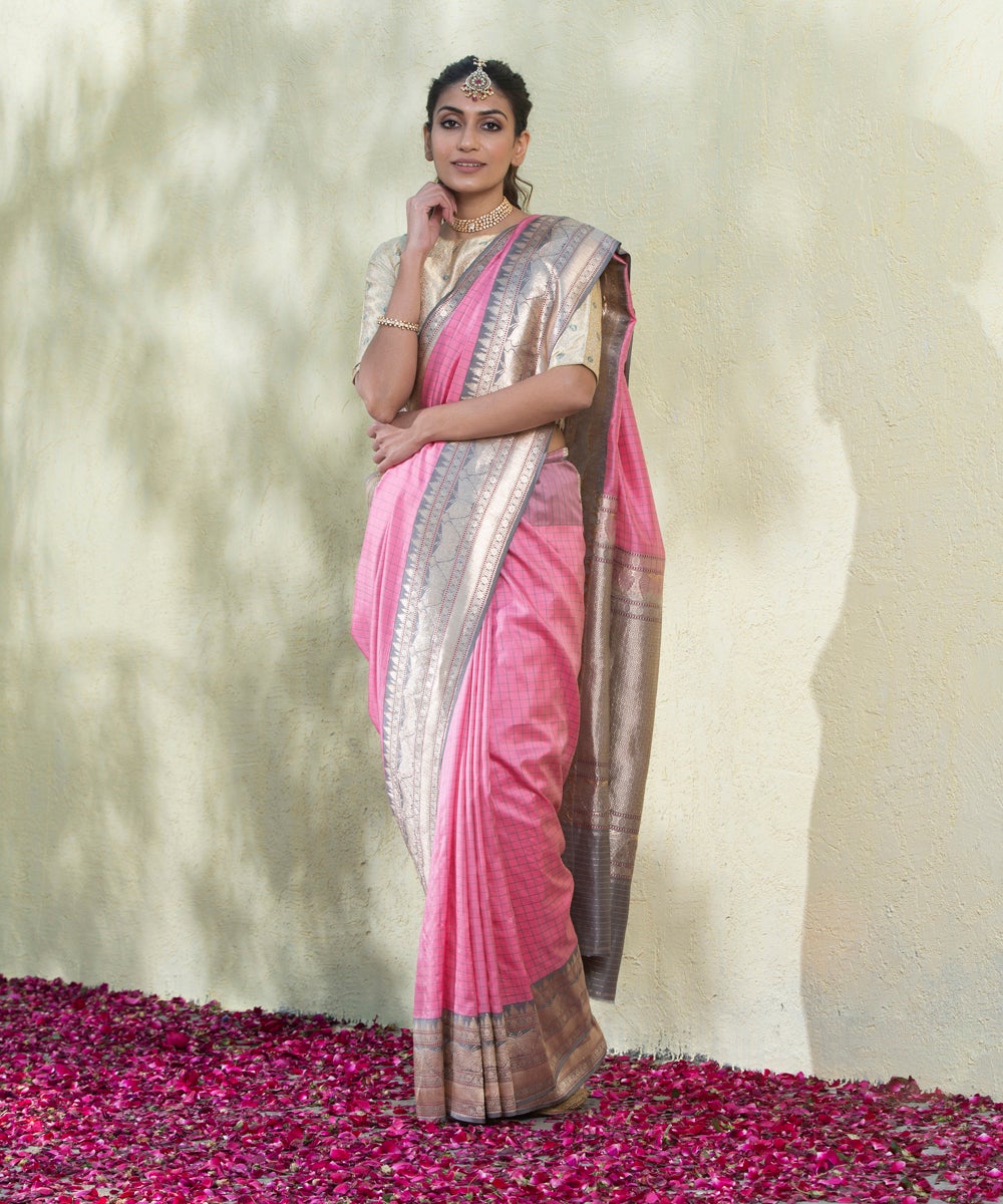Pink_Handloom_Checks_Banarasi_Saree_With_Grey_Border_and_Butterflies_WeaverStory_02