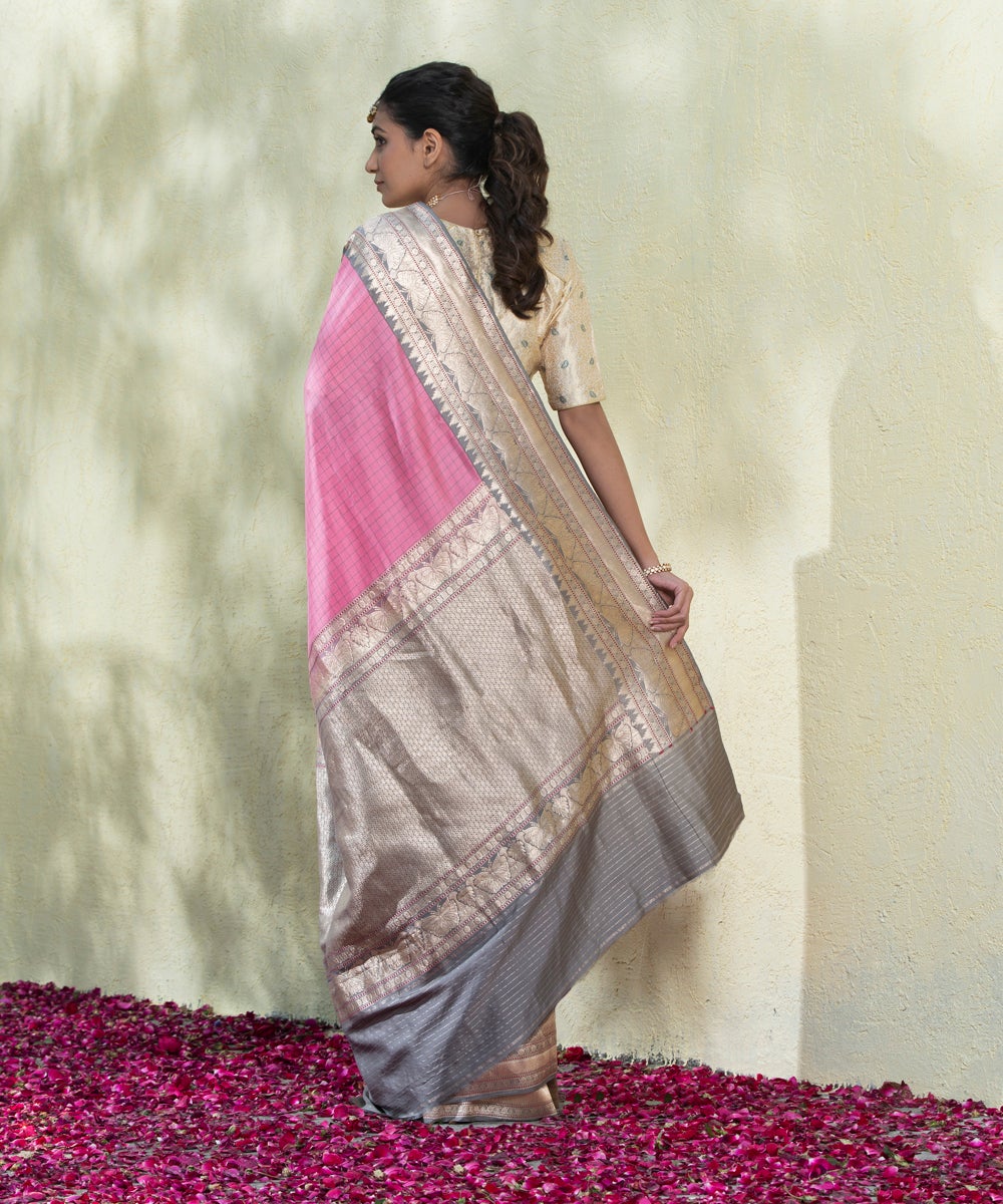 Pink_Handloom_Checks_Banarasi_Saree_With_Grey_Border_and_Butterflies_WeaverStory_03