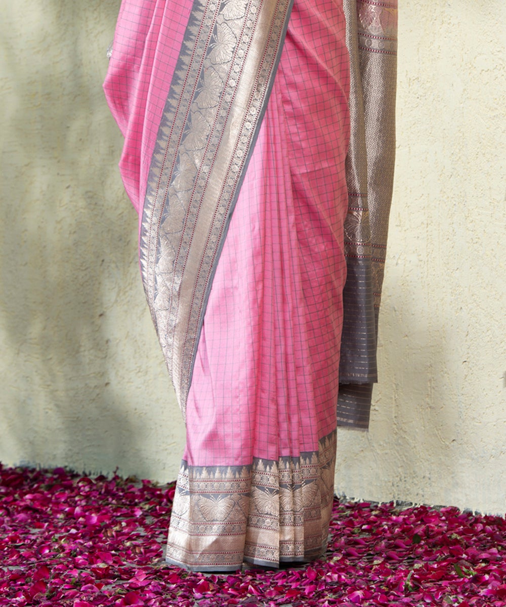 Pink_Handloom_Checks_Banarasi_Saree_With_Grey_Border_and_Butterflies_WeaverStory_04