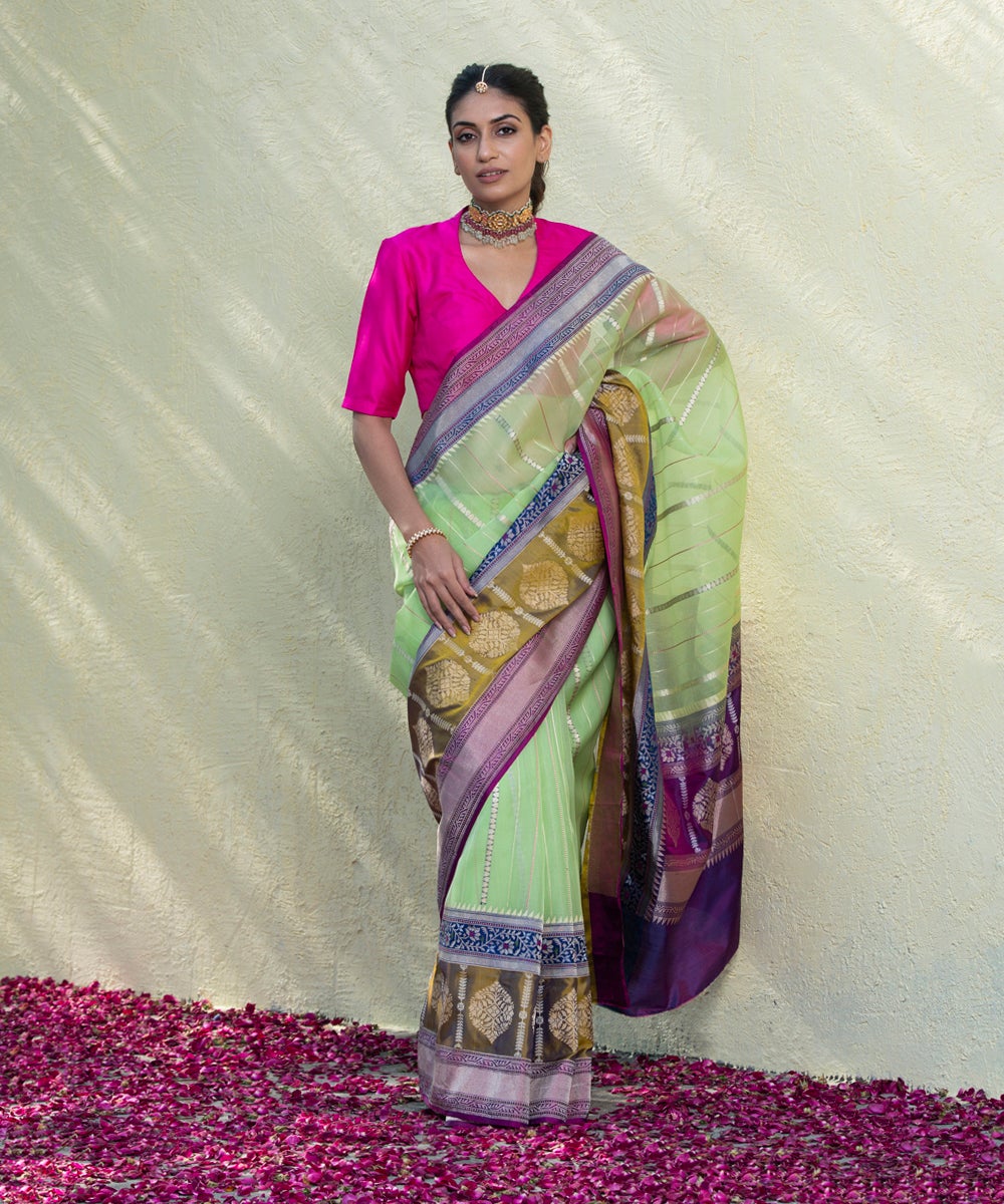 Neon_Green_Handloom_Kadhwa_Kora_Silk_Banarasi_Saree_With_Olive_And_Purple_Border_WeaverStory_02