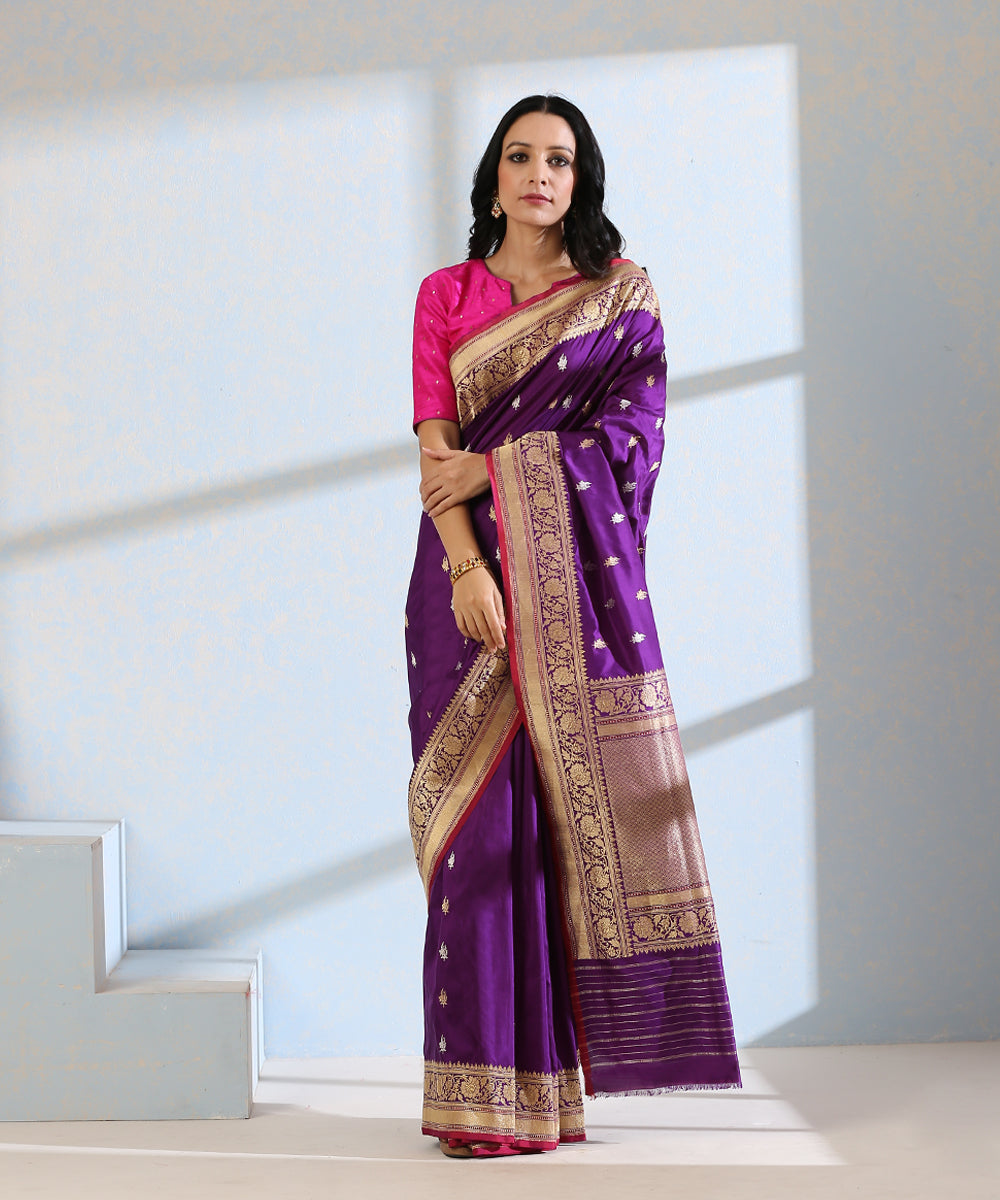 Purple_Handloom_Pure_Katan_Silk_Kadhwa_Booti_Banarasi_Saree_With_Red_Selvedge_WeaverStory_02