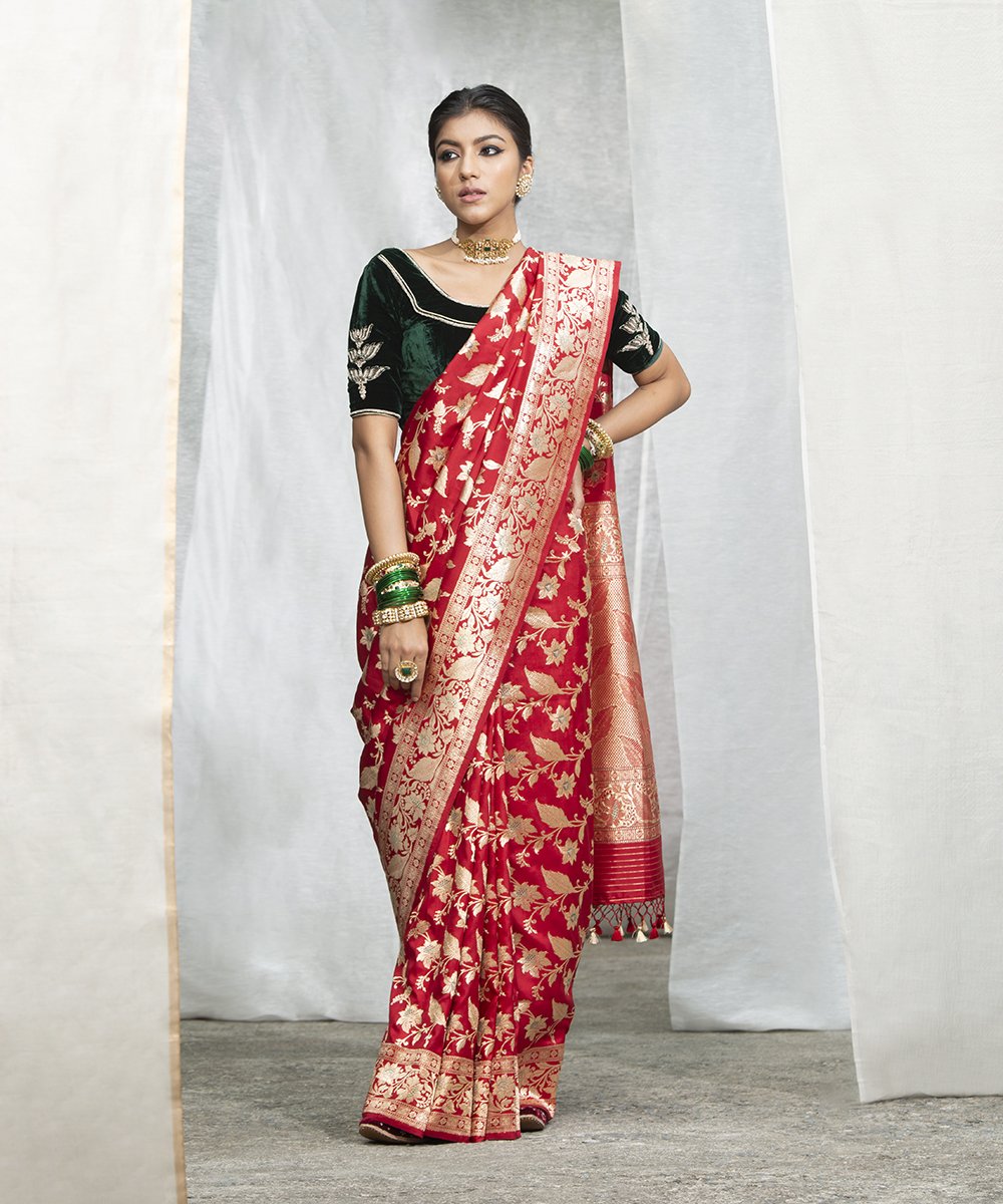 Red_Pure_Katan_Silk_Handwoven_Banarasi_Jangla_with_Meenakari_WeaverStory_02