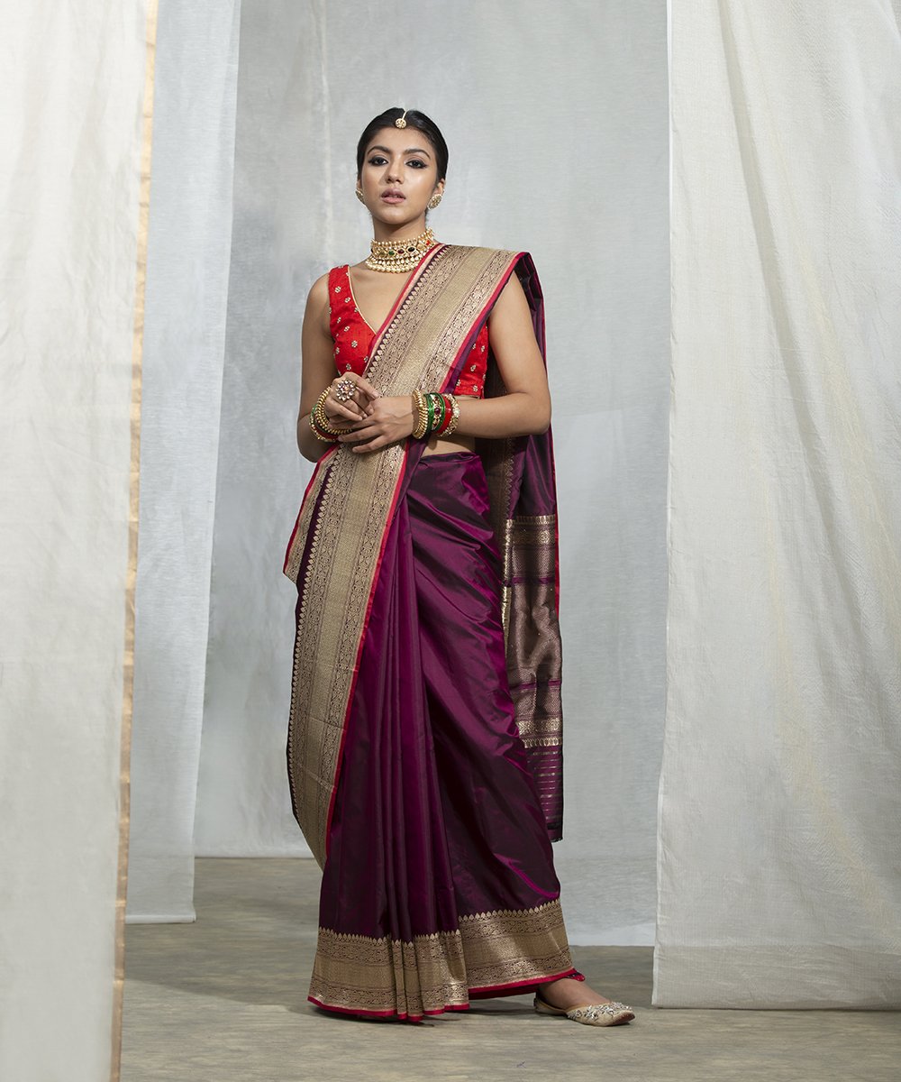 Wine_Handloom_Katan_Silk_Saree_With_Kadhwa_Border_And_Red_Brocade_Blouse_WeaverStory_02