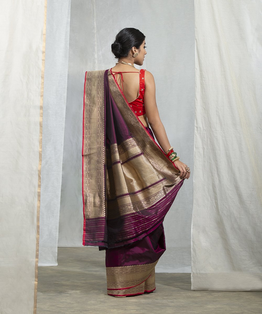 Wine_Handloom_Katan_Silk_Saree_With_Kadhwa_Border_And_Red_Brocade_Blouse_WeaverStory_03