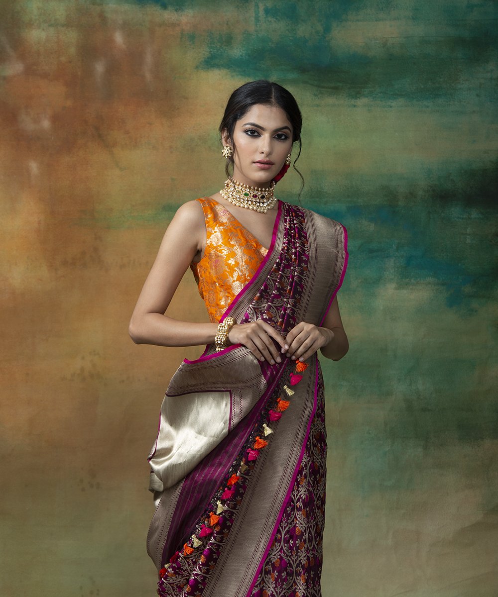 Wine_Handloom_Jangla_Banarasi_Saree_With_Mustard_And_Orange_Meenakari_WeaverStory_01