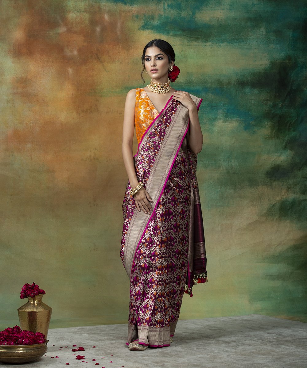 Wine_Handloom_Jangla_Banarasi_Saree_With_Mustard_And_Orange_Meenakari_WeaverStory_02