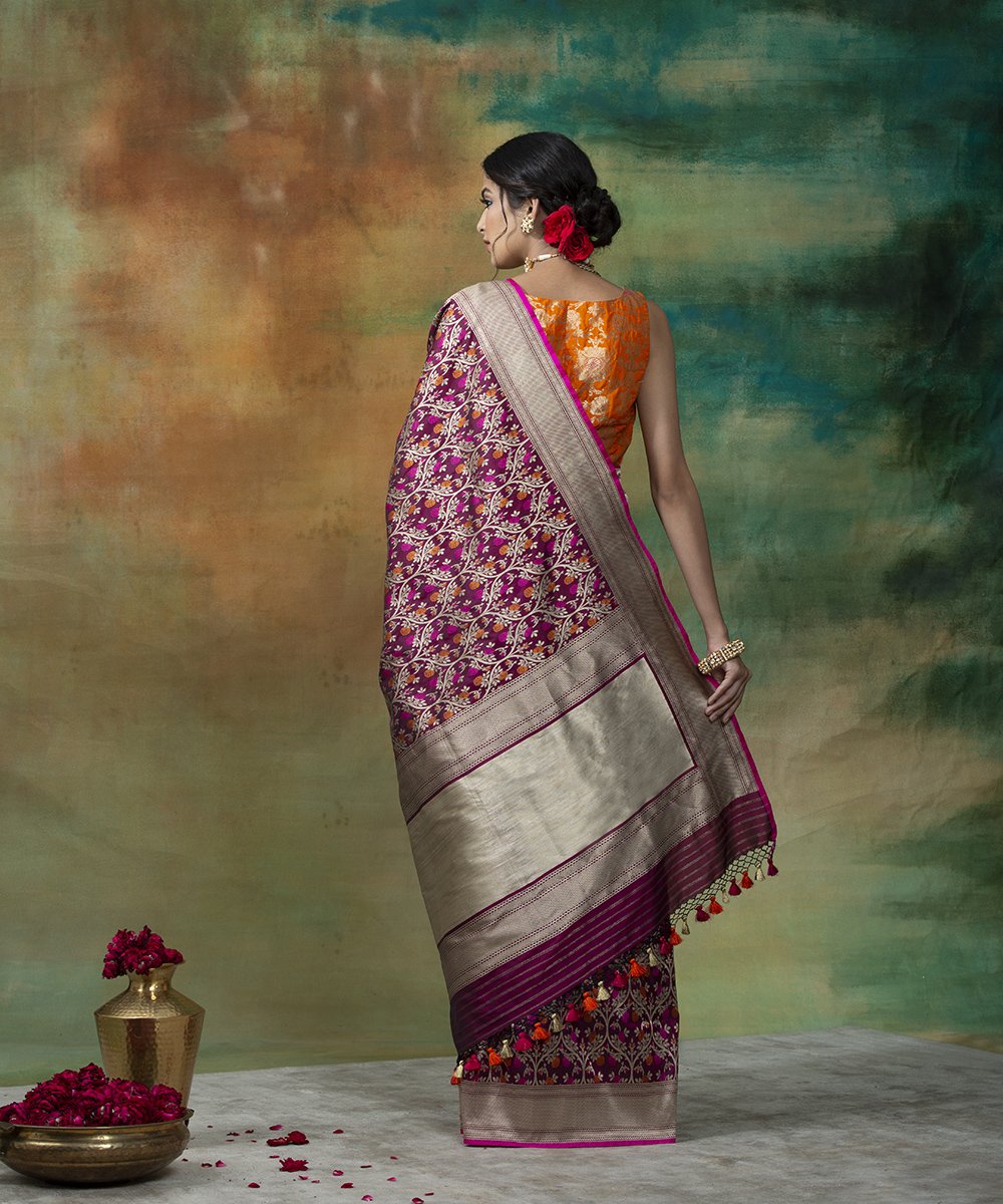 Wine_Handloom_Jangla_Banarasi_Saree_With_Mustard_And_Orange_Meenakari_WeaverStory_03