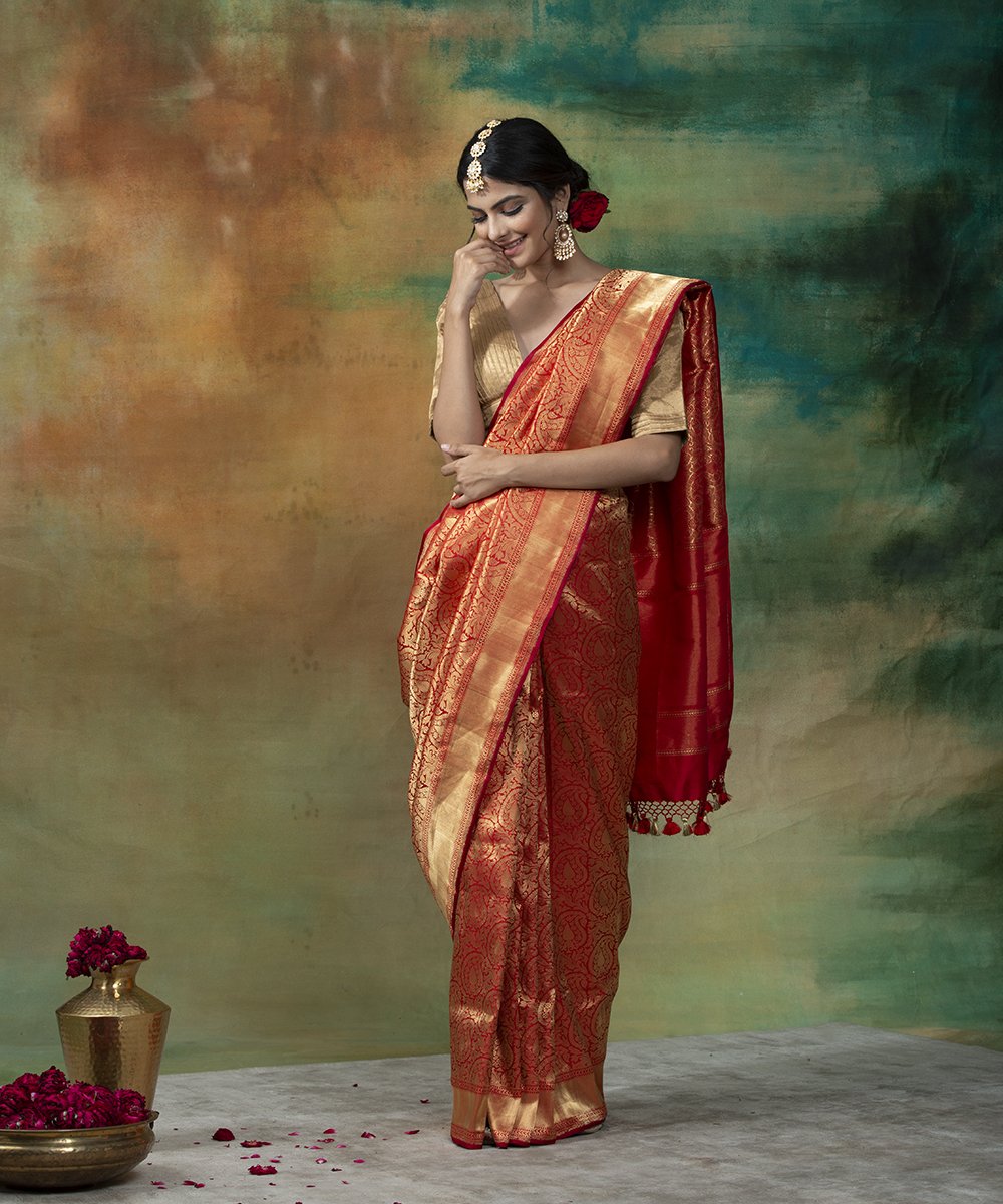 Red_Handloom_Katan_Silk_Banarasi_Saree_with_All_Over_Zari_Embossed_Weave_WeaverStory_02