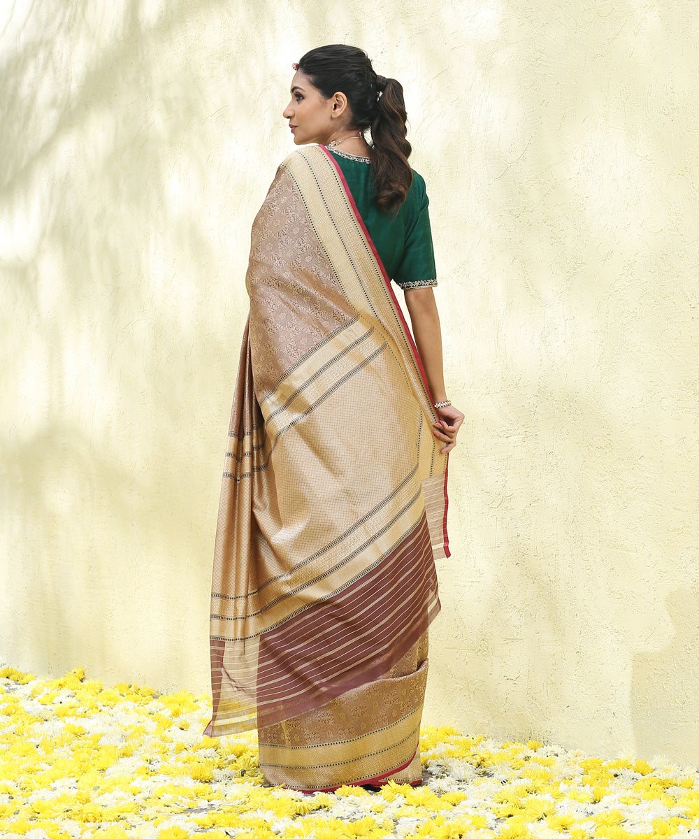 Brown_Handloom_Zari_Tanchoi_Banarasi_Saree_with_Maroon_Selvedge_WeaverStory_03