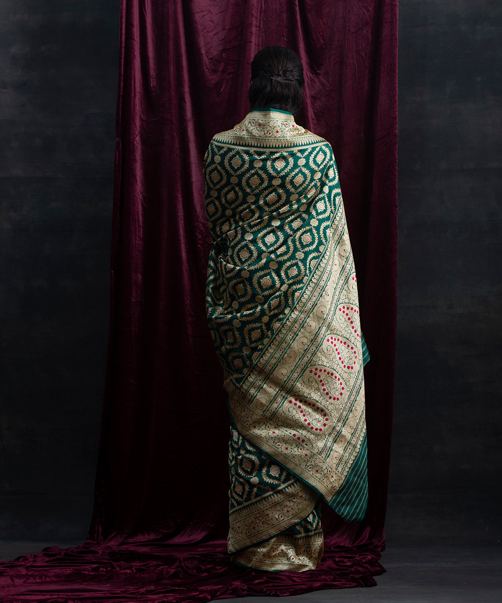 Handloom_Bottle_Green_Pure_Katan_Silk_Banarasi_Saree_With_Kadhwa_Jaal_and_Pink_Meenakari_WeaverStory_03