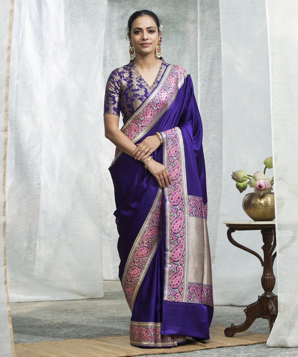 Dark_Purple_Handloom_Pure_Satin_Banarasi_Saree_With_Paisley_Jamawar_Border_WeaverStory_02