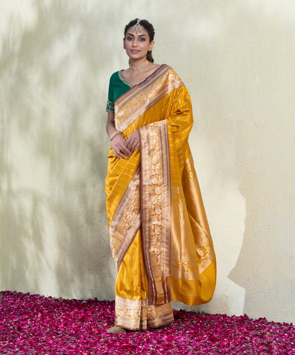 Handloom_Golden_Yellow_Zari_Stripes_Banarasi_Saree_With_Maroon_And_Gold_Meenakari_Border_WeaverStory_02