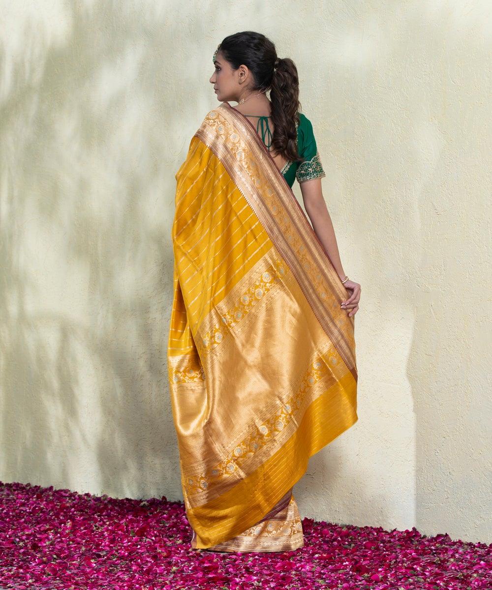 Handloom_Golden_Yellow_Zari_Stripes_Banarasi_Saree_With_Maroon_And_Gold_Meenakari_Border_WeaverStory_03