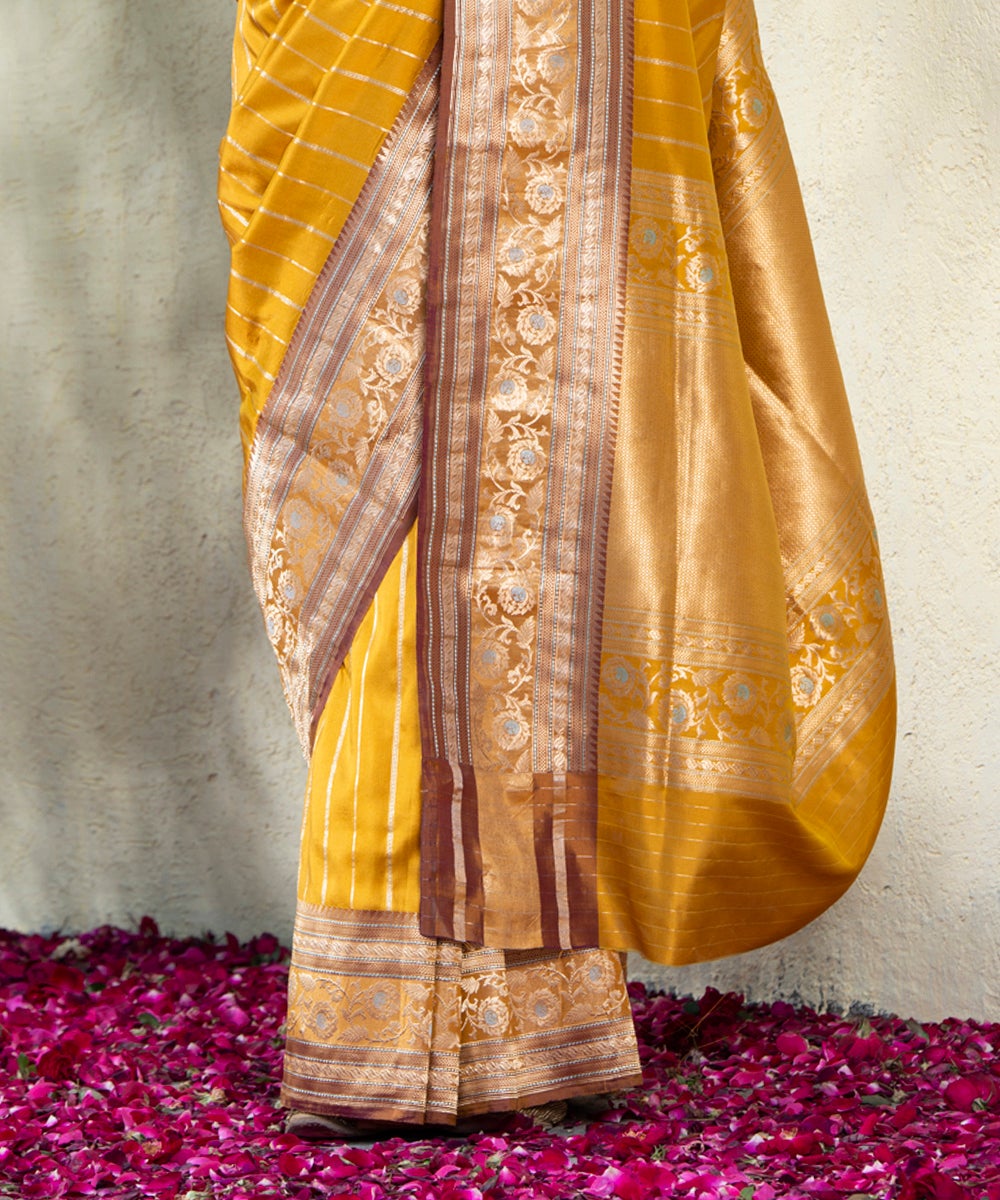 Handloom_Golden_Yellow_Zari_Stripes_Banarasi_Saree_With_Maroon_And_Gold_Meenakari_Border_WeaverStory_04