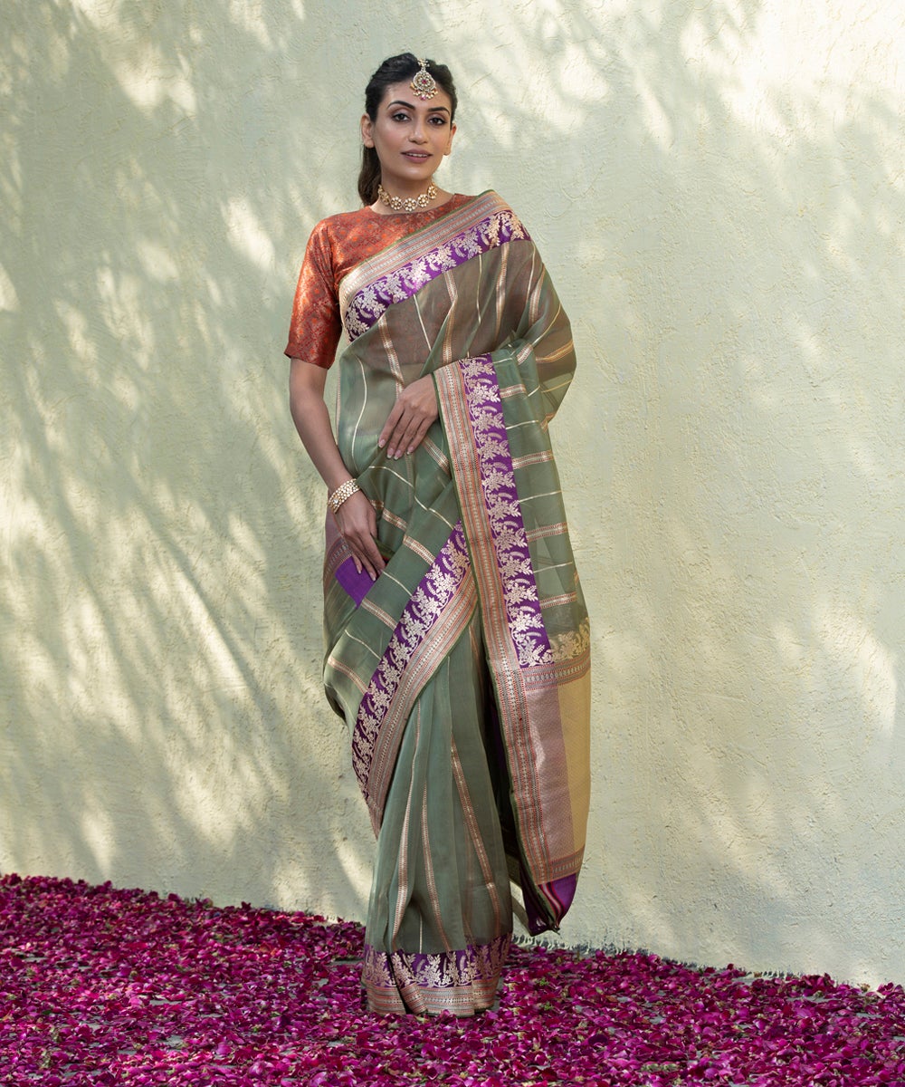 Handloom_Green_Kora_Banarasi_Saree_With_Kadhwa_Zari_Stripes_And_Purple_Floral_Border_WeaverStory_02