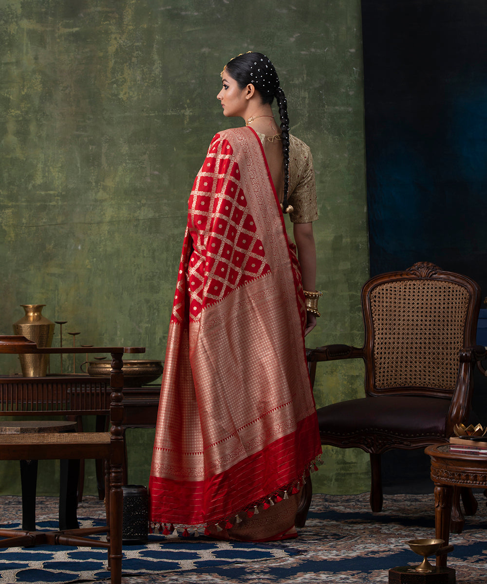 Handloom_Red_Pure_Katan_Silk_Banarasi_Saree_with_Diagonal_Cutwork_Checks_WeaverStory_03
