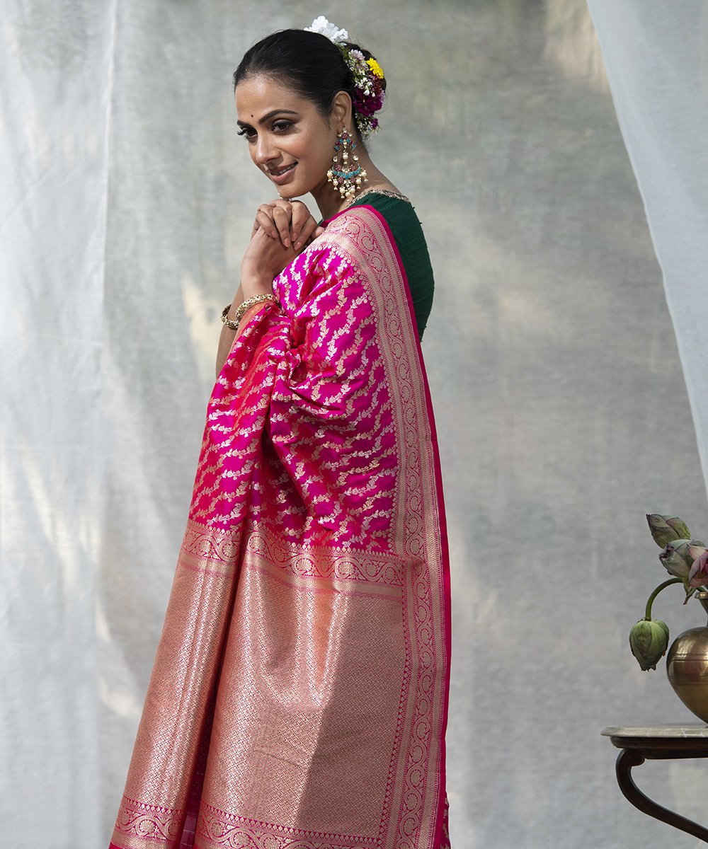 Rani_Pink_Handloom_Pure_Katan_Silk_Banarasi_Saree_Diagonal_Gold_Silver_Zari_Bel_WeaverStory_01