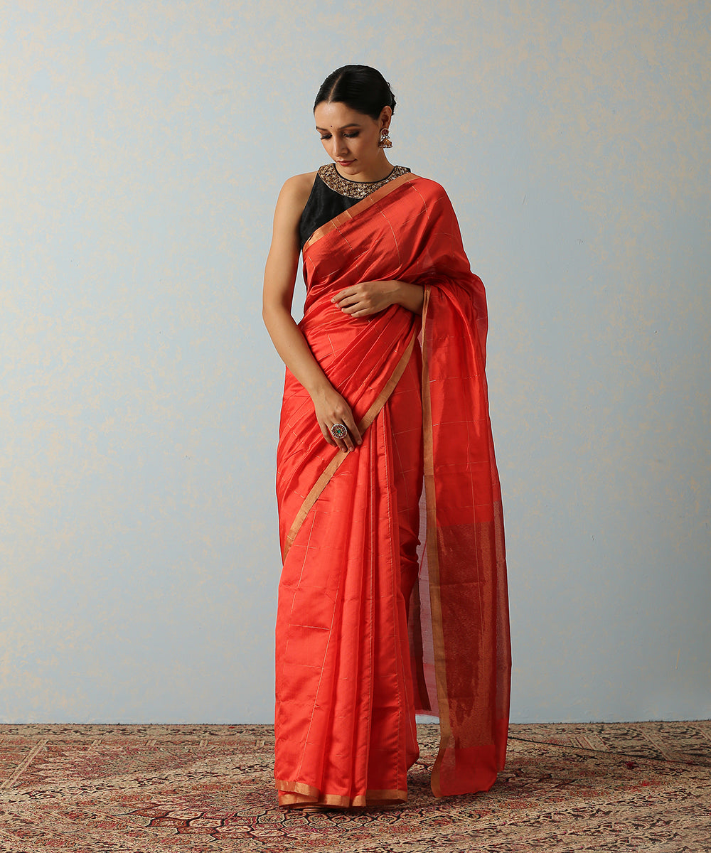 Red_Handloom_Silk_Chanderi_Saree_With_Zari_Squares_WeaverStory_02