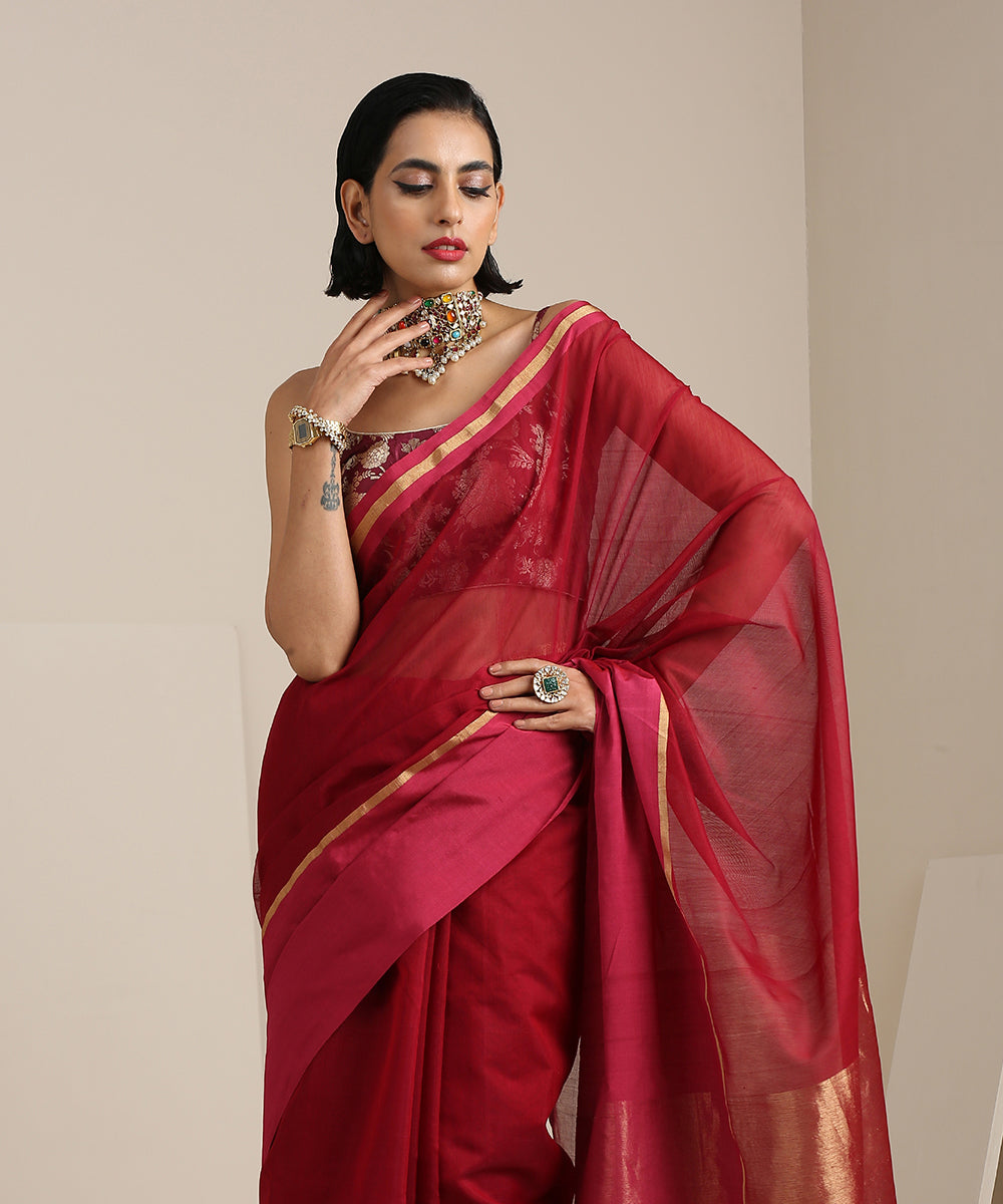 Handloom_Raspberry_Red_Cotton_Chanderi_Saree_With_Mashroo_Border_WeaverStory_01