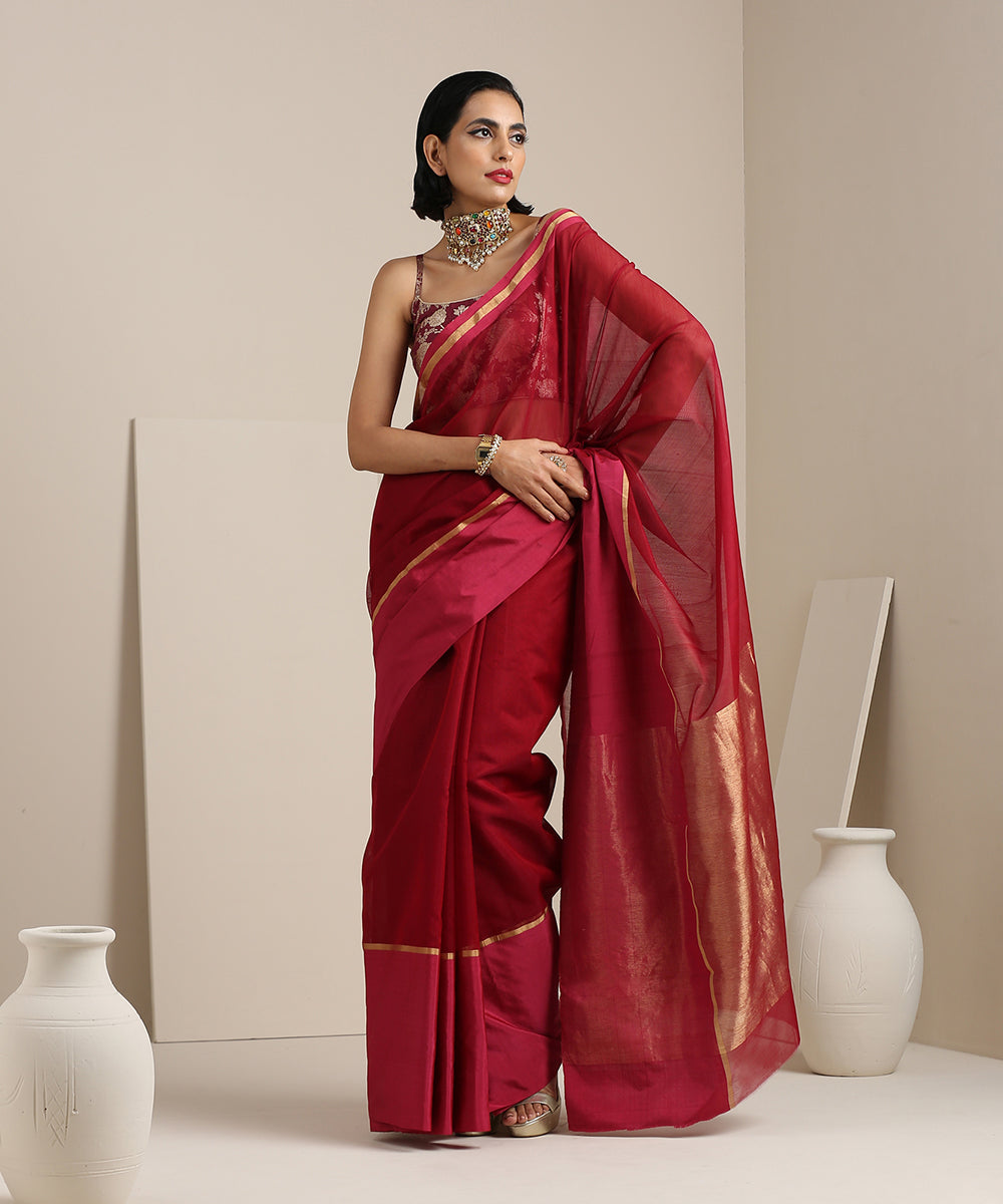 Handloom_Raspberry_Red_Cotton_Chanderi_Saree_With_Mashroo_Border_WeaverStory_02